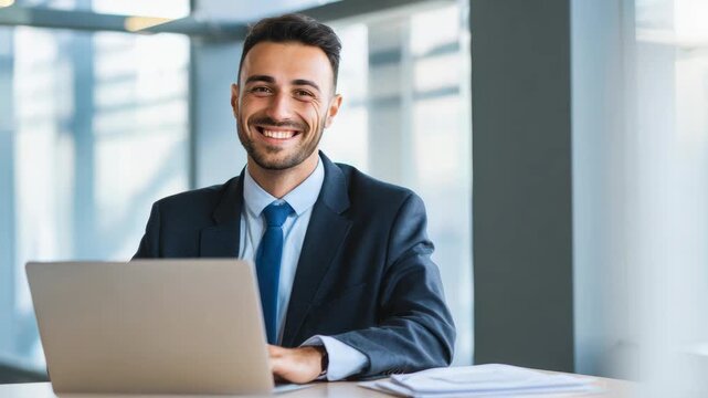 A man in a suit using a computer and smiling at the camera.