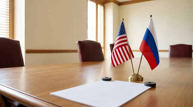 United States and Russian flags on wooden table in conference room. Diplomatic negotiation process for peace treaty and bilateral relations at summit meeting.