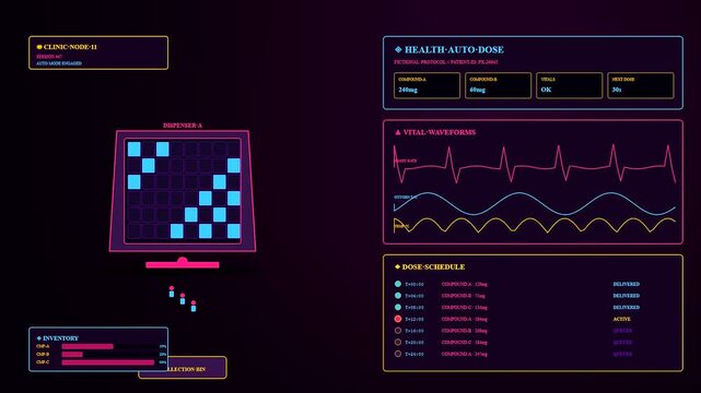 An autonomous workflow shows digital interface screens displaying moving light patterns and pulse line graphs while medication dosage charts update during a medical research laboratory procedure