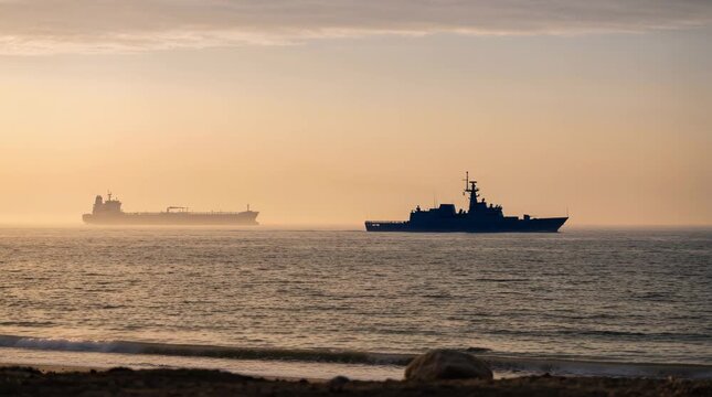 Oil tanker escorted by military warship sailing on sea. Naval security patrol in  during sunrise. Maritime trade protection and geopolitics.
