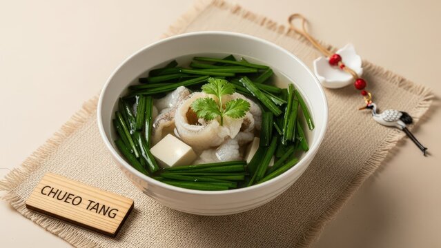 Gourmet Chueo Tang clear loach soup with wild chives and tofu, elegant traditional presentation with soft beige copy space