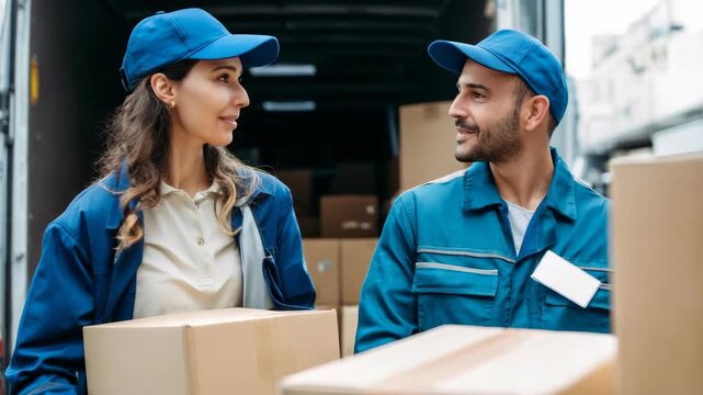 A male and female worker in a warehouse with stacks of boxes behind them.