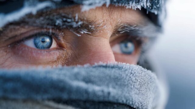 A close-up shot of a person's intense blue eyes exposed to freezing arctic cold with frost on face.