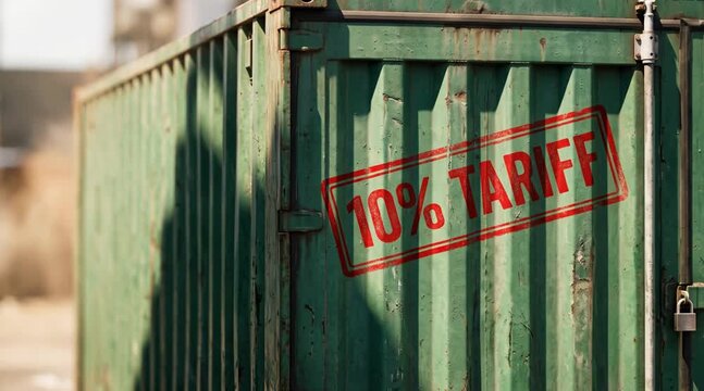 Green cargo container stamped with ten percent tariff label. International trade measure and import tax regulation. Economic policy on logistics and shipping freight.