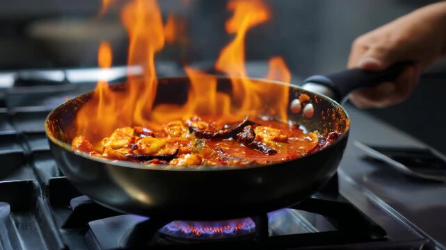 Professional chef preparing meal with intense flames.