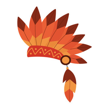Native American feather headdress side view vector illustration. Traditional tribal chief warbonnet isolated on white background. Ethnic indigenous feather crown element for Thanksgiving design