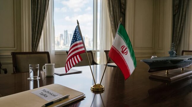 American and Iranian flags on boardroom table for technical negotiations. Diplomatic meeting setting featuring naval ship model for international policy discussion.