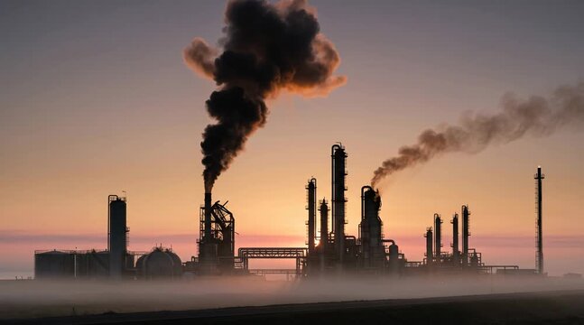 Oil refinery emitting dark smoke under sunset sky. Industrial processing plant landscape representing energy sector challenges and environmental production impact.