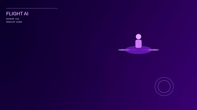 A minimal digital interface with an ai copilot hovering as a drone icon while performing smooth aerial maneuvers in a dark purple virtual flight simulation environment