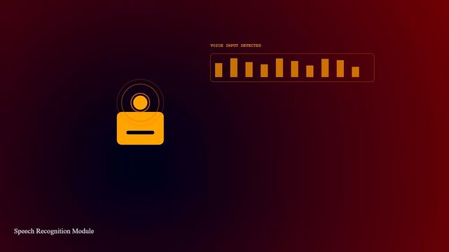 A digital AI copilot interface displays rhythmic orange sound bars glowing upon a dark gradient field as voice signals pulse within a minimalist system software module