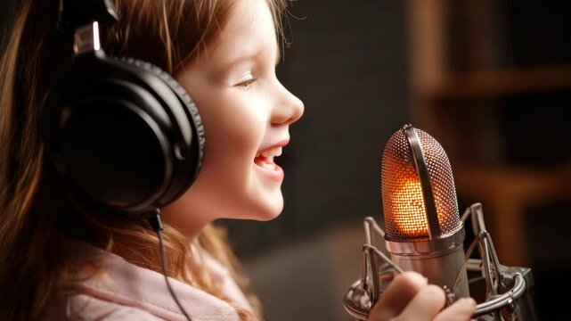 Young girl using professional headphones and microphone for sound recording.