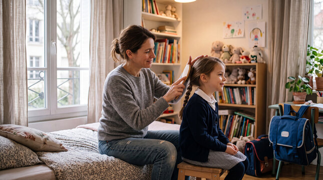 M&egrave;re coiffant les cheveux de sa fille assise sur un lit pr&egrave;s d'une fen&ecirc;tre lumineuse, moment complice avant la rentr&eacute;e des classes dans une chambre confortable et chaleureuse
