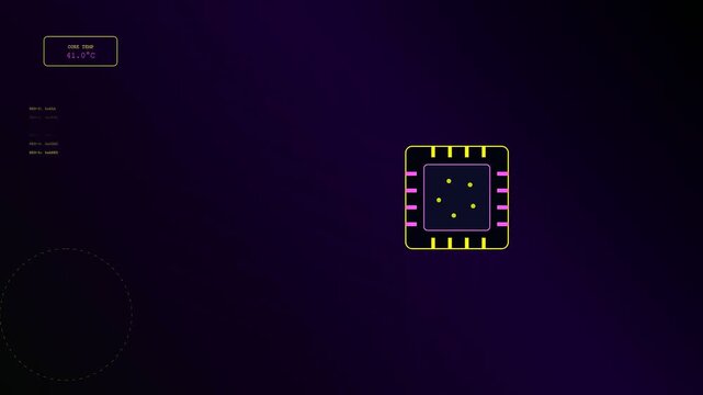 A digital ai copilot interface glows with yellow processor icons and shifting temperature metrics across a dark purple gradient surface during a modern software monitoring sequence
