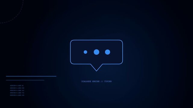 A digital ai copilot interface glowing with pulsating dots within a speech bubble on a dark blue screen showing active messaging animation for communication