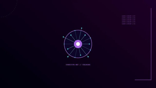 A digital ai copilot graphic interface displays a circular node network diagram with floating lines and evolving numeric data points on a dark purple screen