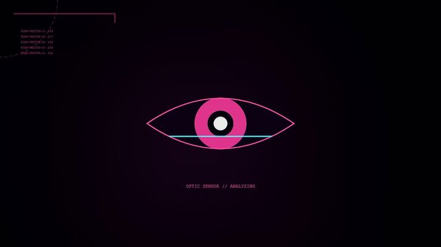 A digital AI copilot interface display showing a glowing pink graphic eye icon pulsing while scanning through a dark room setting with minimal light
