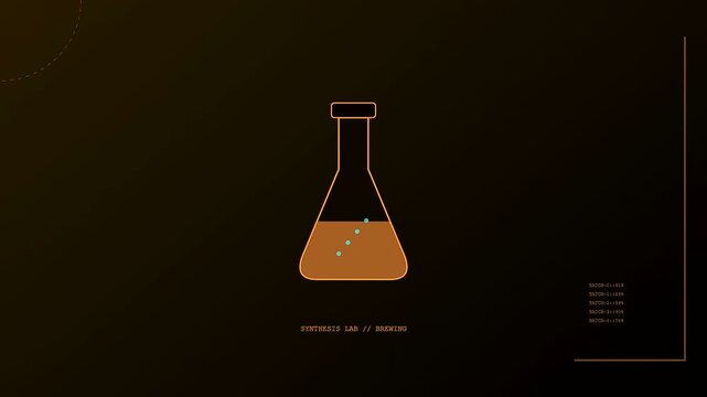 Minimalist ai copilot graphic interface displaying a simple laboratory flask with moving bubbles and data streams floating inside the liquid during a simulation process