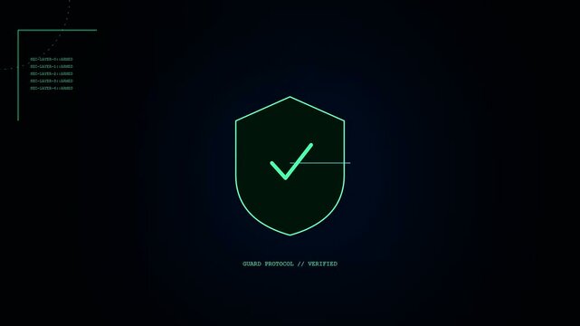 A green glowing checkmark shield symbol functioning as an ai copilot interface element displayed in a digital environment on a dark and minimal screen display