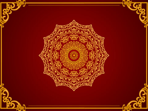 golden mandala centerpiece with luxury decorative corner borders on dark red background.