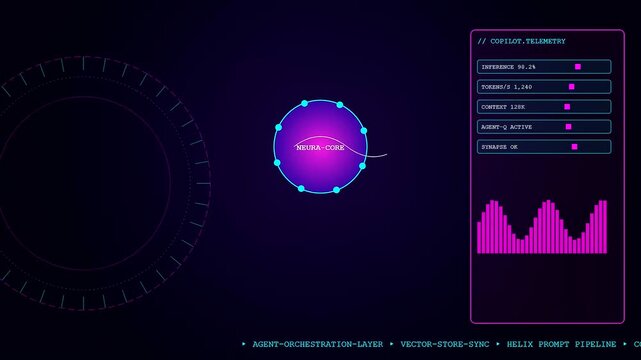 A glowing ai copilot interface visualizes complex system data with circular neon rings and fluctuating vertical bars displayed against a dark digital environment during active processing