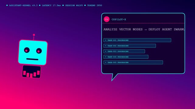 A digital ai copilot interface visualizes automated data processing across three panels with cyan robot icons and magenta gradients showing loading progress bars for tasks