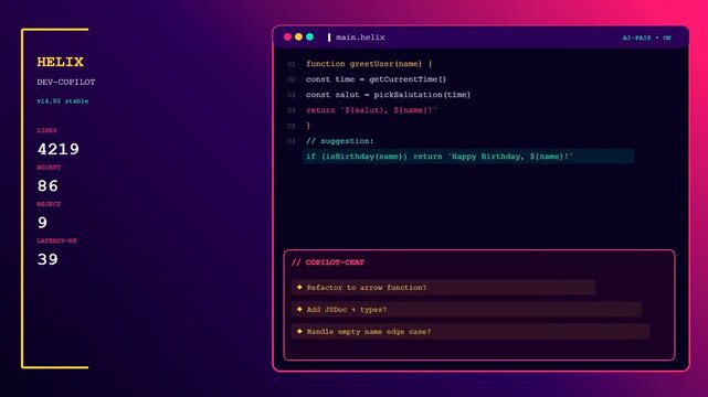 A digital screen displays an ai copilot interface as code lines populate automatically in a sequence of frames showing a dynamic software development coding process