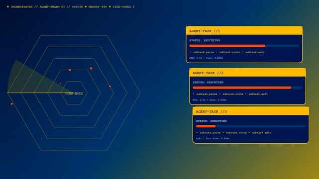a glowing digital ai copilot interface tracks multiple active system tasks while rotating radar scanners sweep across a deep gradient blue orange workspace screen display
