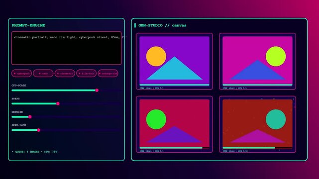 Innovative ai copilot software interface shows progressive image generation from chaotic digital noise into simple geometric mountain shapes with a vibrant neon user interface theme