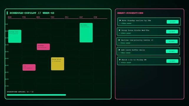 Digital schedule interface showing an ai copilot updating a weekly calendar with interactive tasks and progress bars in a dark room environment for project management