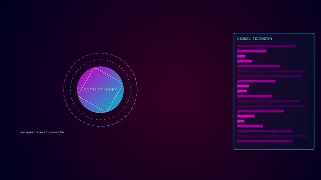 A sequence showing an ai copilot data stream interface with floating circular glowing icons and text panels displaying system information for complex computing task visualization