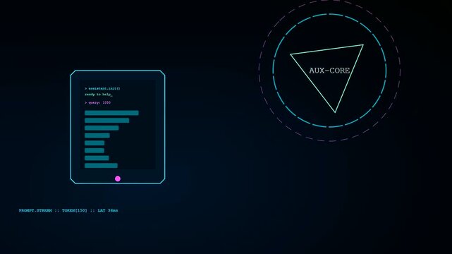 A digital AI copilot interface displays procedural data logs inside luminous geometric rings of light circulating across a dark void capturing flowing streams of system generated information