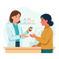 Fototapeta premium Pharmacist Hands Medicine Bottle to Customer at Counter - Flat Vector Illustration