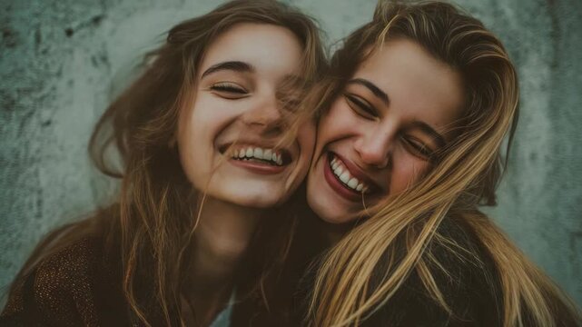 Two young women with long hair laughing and hugging each other.