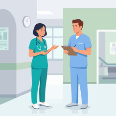 Fototapeta premium Two healthcare professionals, a male and female doctor or nurse, collaborating and discussing in a hospital corridor near a patient room.