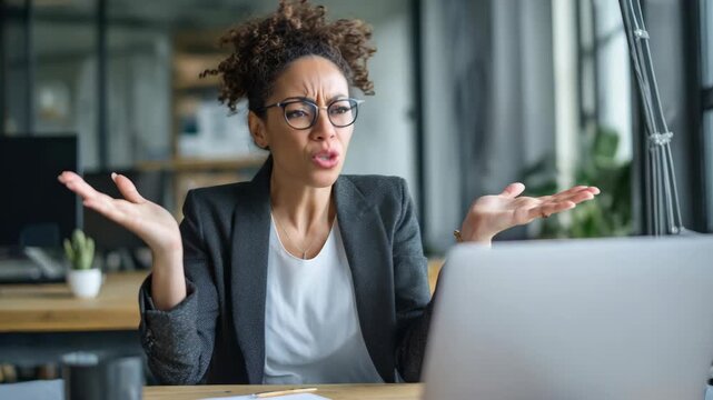 Young business woman looking surprised by her laptop.