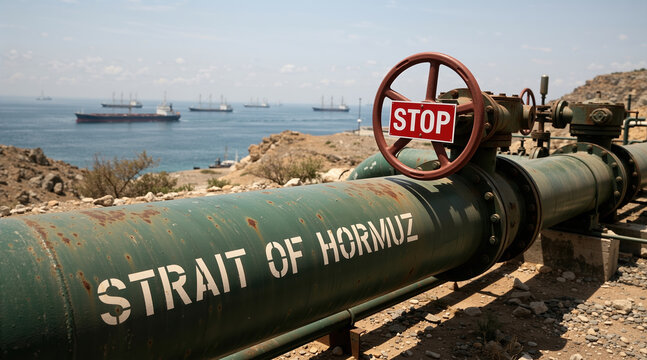 Green oil pipeline with Strait of Hormuz text and a red stop sign on a valve. Maritime blockade and energy crisis concept with cargo ships in the background
