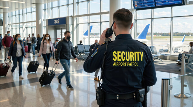 Male security guard using walkie-talkie in modern airport terminal. Airport patrol officer in uniform watching passengers with luggage. Travel safety and aviation protection concept