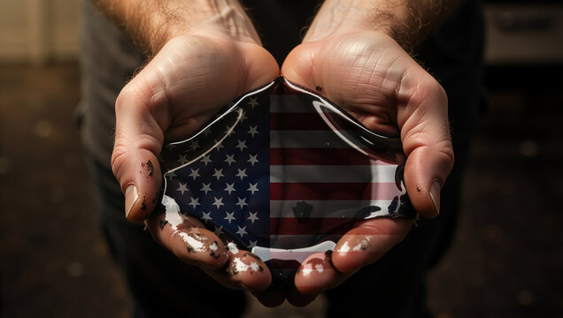 A worker's dirty hands holding crude oil with a reflection of the American flag. USA energy industry and fossil fuel resources concept
