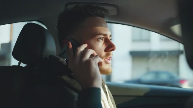 A young adult male sitting in the passenger seat of a vehicle engaging in conversation over the phone.