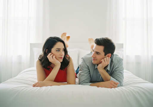 Happy young couple lying on bed looking at each other, enjoying morning at home in bright bedroom.