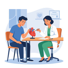 Fototapeta premium Doctor Consults Patient About Heart Health Model in Medical Office, Vector Illustration