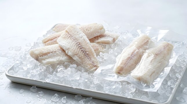 Fresh frozen white fish fillets on a bed of crushed ice