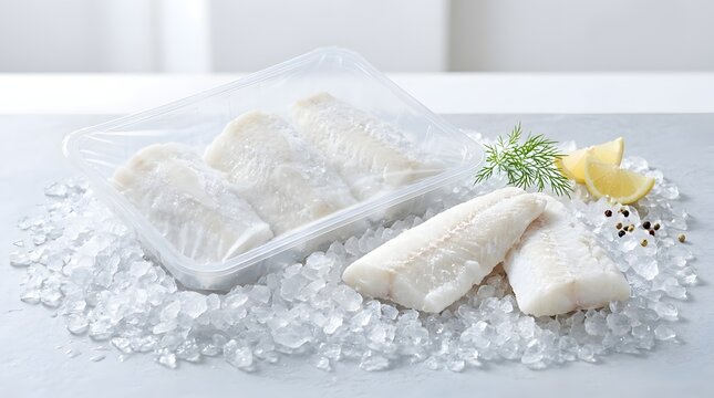 Fresh frozen white fish fillets on ice with lemon and dill