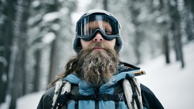 A rugged man with a long beard wearing goggles, looking towards the camera against a snowy mountain backdrop.