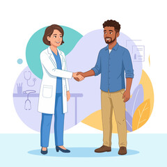 Fototapeta premium Doctor and Patient Shaking Hands in Medical Office with Stethoscope and Abstract Shapes