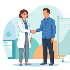 Obraz premium Doctor and patient shaking hands, vector illustration, symbolizing trust, healthcare, and successful medical consultation.