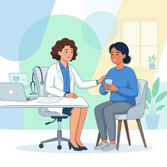 Obraz premium Doctor comforting patient during medical consultation in a modern clinic, vector illustration