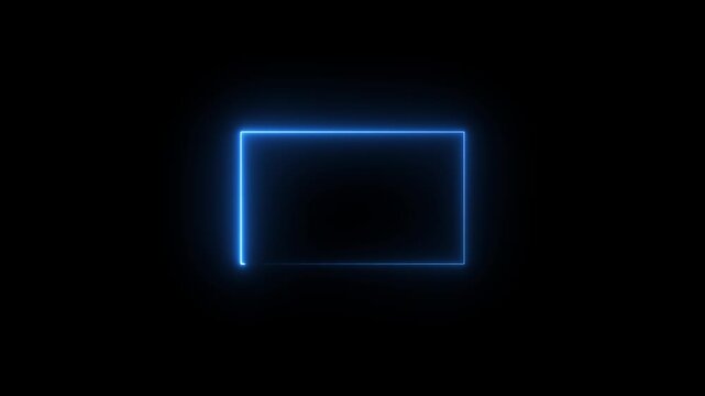 live streaming neon text frame animation. Neon glowing blue color square rectangle picture frame icon animation border frame shape rotating display screen, 4k motion graphic animation.