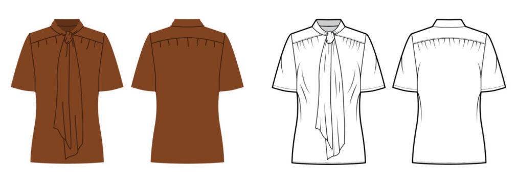 Short sleeve top with bow tie neckline, clean silhouette and minimal shaping lines. Technical fashion illustration in black and white and color, front back views, modern apparel CAD template. Vector
