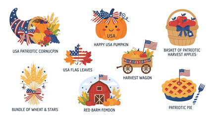 Fototapeta premium Patriotic Harvest Celebration Icons with Festive Autumnal Elements and Decorations